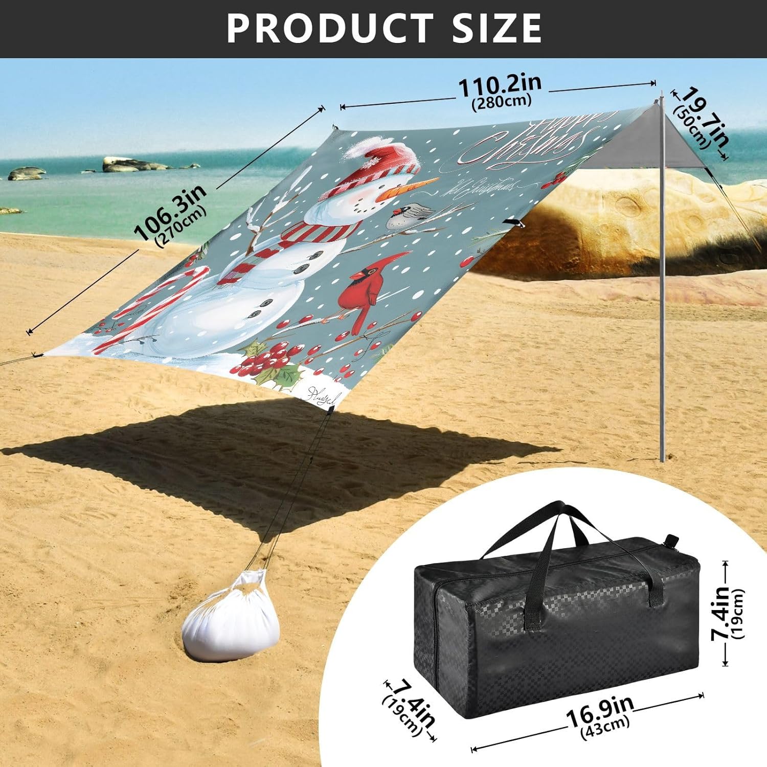 ALAZA Christmas Snowman Cardinal Bird Beach Tent Sun Shelter UPF50+ Protection Beach Shade Canopy w/ 4 Sandbags for Outdoor Camping, Fishing, Backyard Fun, Picnic, 10x9 ft