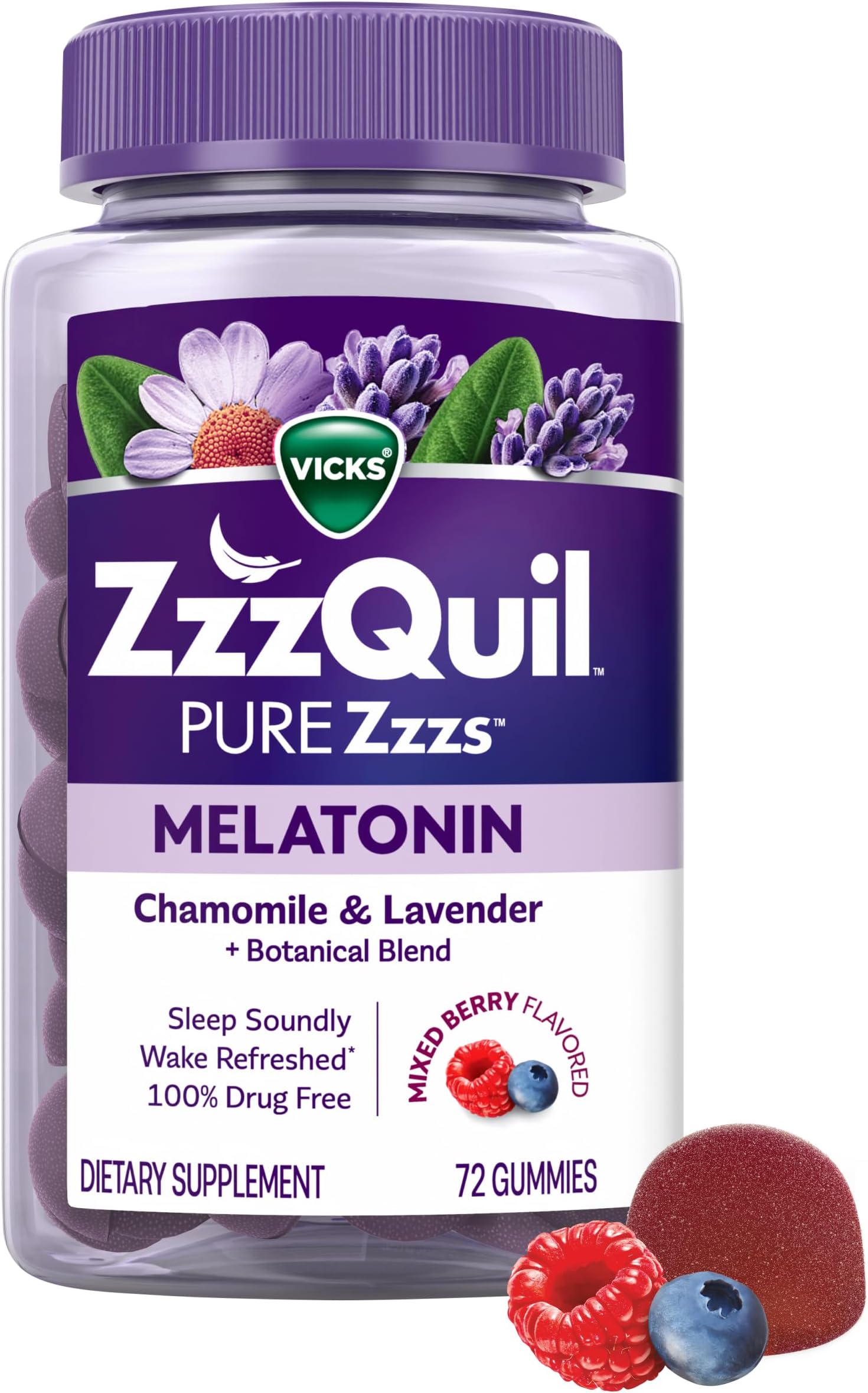 ZzzQuil PURE Zzzs Melatonin Sleep Aid Gummies, Helps You Fall Asleep Naturally, Wildberry Vanilla Flavor, Chamomile Lavender & Valerian Root, 1mg per gummy, 72 Count
