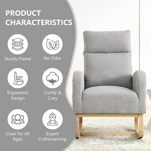 Miniatura 6 de NIOIIKIT Silla mecedora moderna para guardería, silla deslizante tapizada de peluche con respaldo alto y bolsillo lateral, cómodo sillón decorativo
