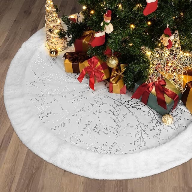Lewondr 48 Inch Christmas Tree Skirt, White Plush Hot Stamping Pattern Tree Skirt for Holiday Party Xmas Tree Decorations, Silver