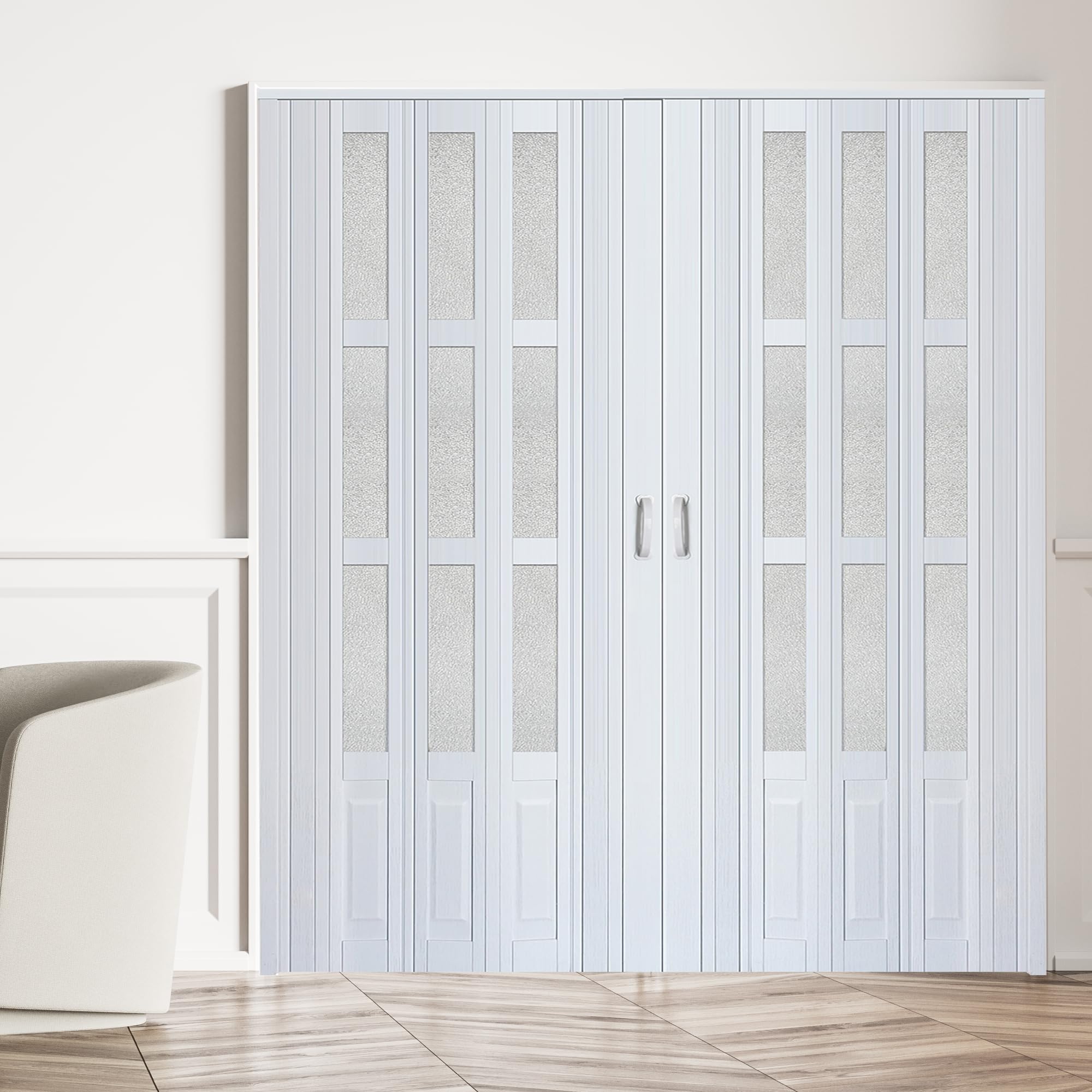 60X80in Double Accordion Door Interior,PVC Sliding Folding Doors with Lock,Divider Door with Hardware, White Multifold Interior Doors