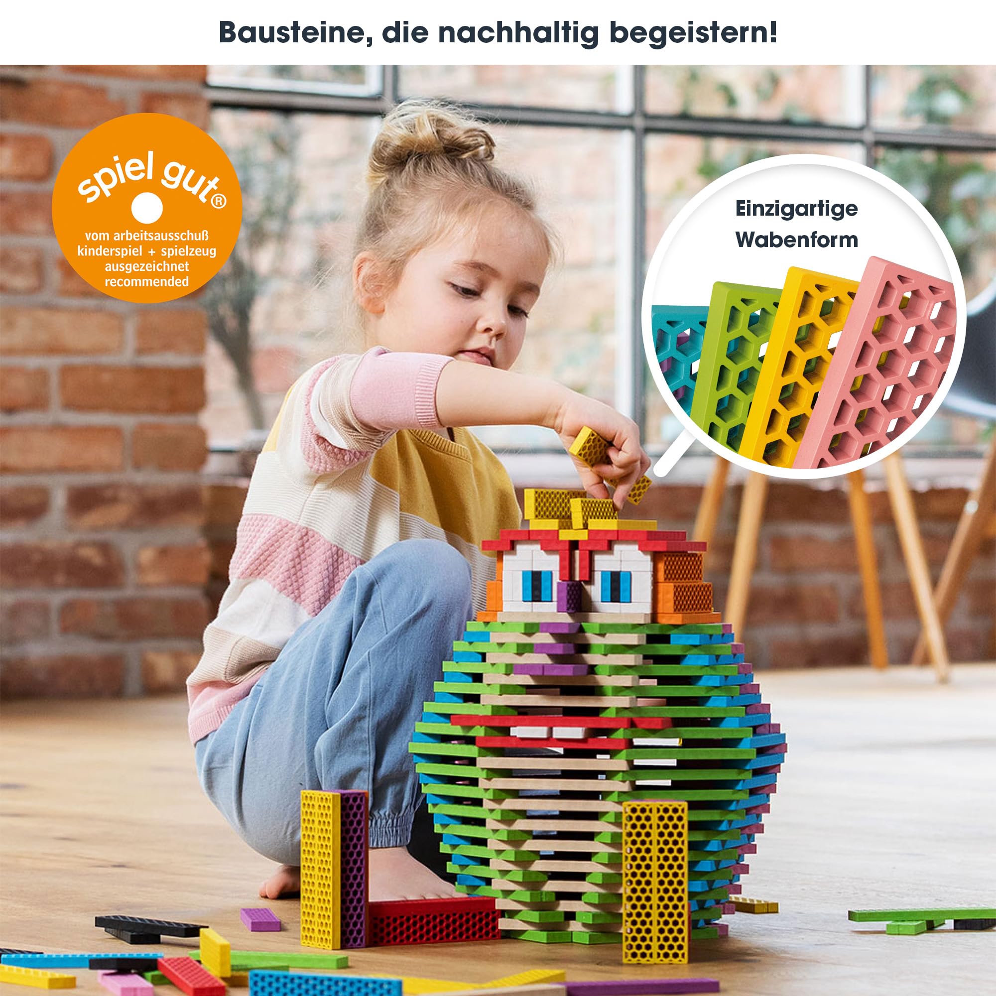 bioblo Big Box Multi Mix mit 340 Stück, Nachhaltige Bunte Bauklötze für Kinder ab 3 Jahren, Holzbausteine Kinderspielzeug, STEM Montessori-Spielzeug für Stapel- & Balancierspiele