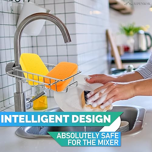 Miniatura 10 de Soporte de esponja para grifo para fregadero de cocina, se adapta a tubo de 0.78 a 0.98 pulgadas de diámetro, elegante organizador de grifos de