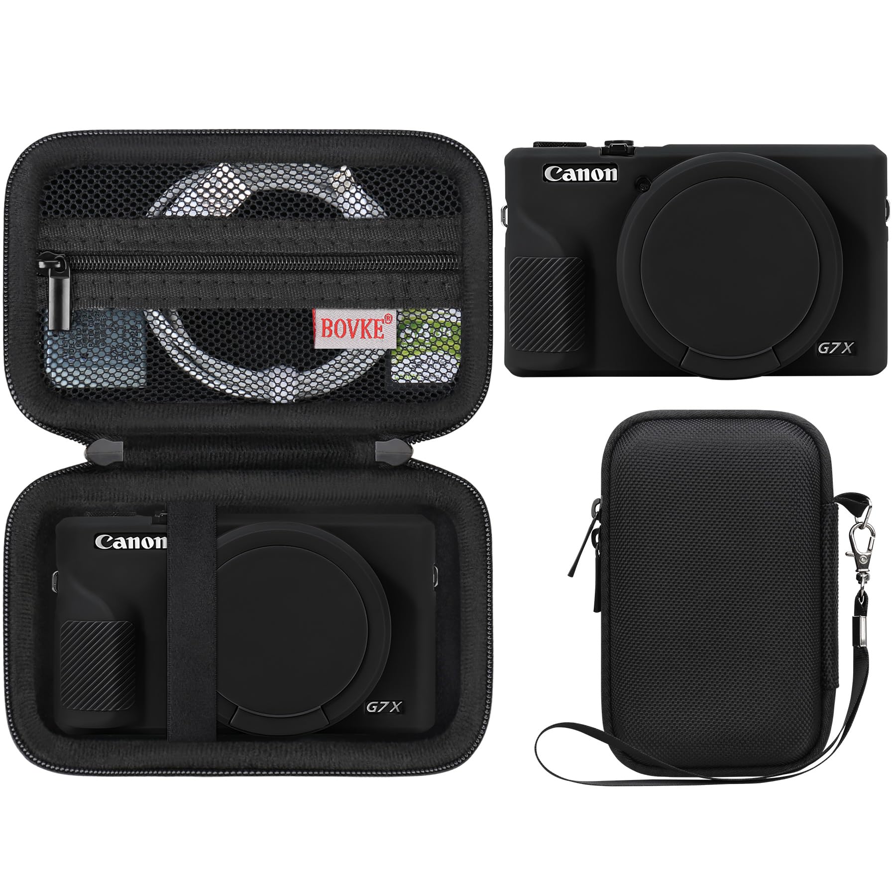 BOVKE Hartschalenkoffer + Silikonhülle für Canon Powershot G7 X Mark III Digitalkamera, Stoßfeste Eva-Aufbewahrungstasche mit Weicher Silikon-Schutzhülle, Abnehmbarer Objektivabdeckung, Schwarz