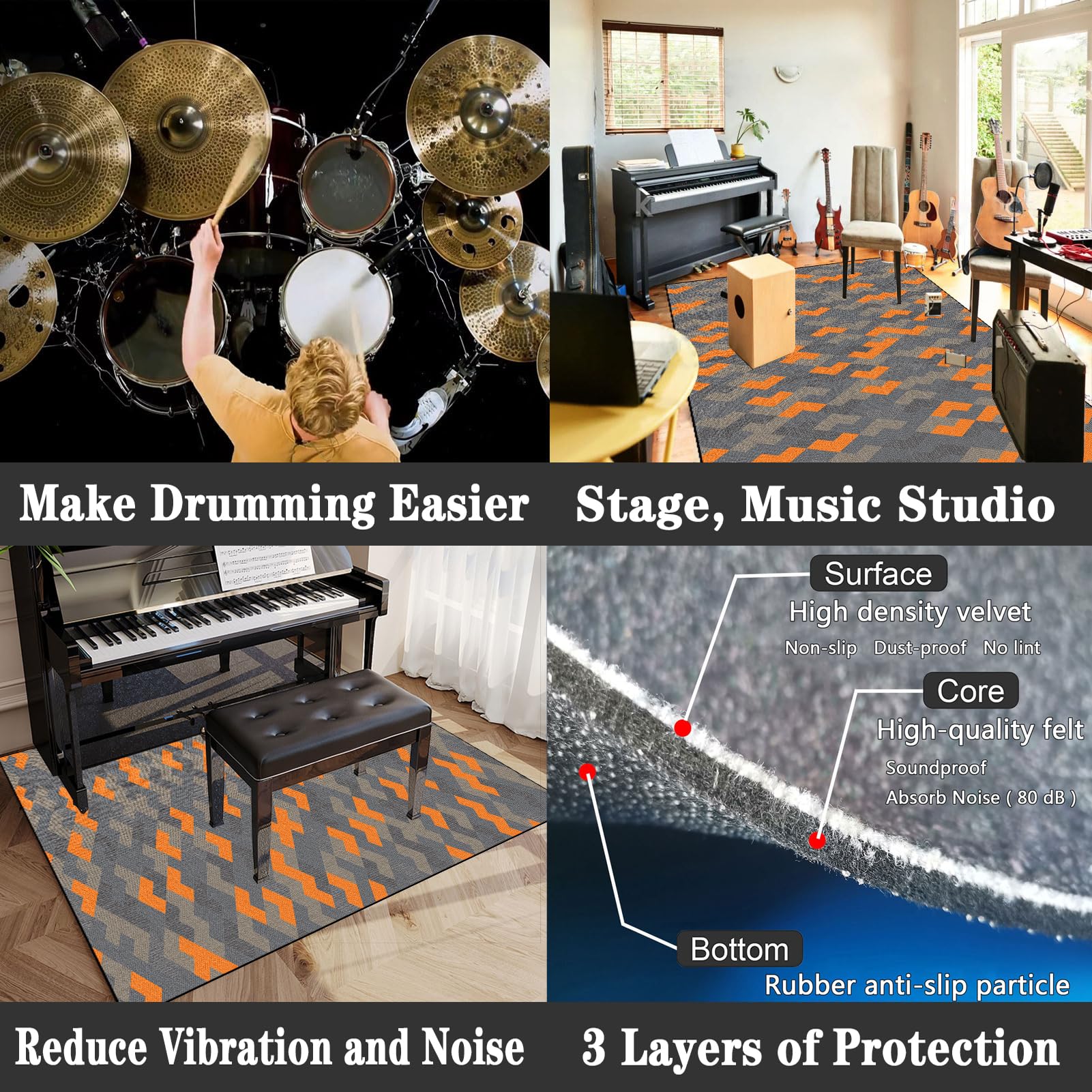 Tappetino professionale per batteria elettronica, 200 x 160 cm, antiscivolo, insonorizzato, per bambini e batteristi, grancassa e rullante, ideale per studi musicali e sessioni di pratica.