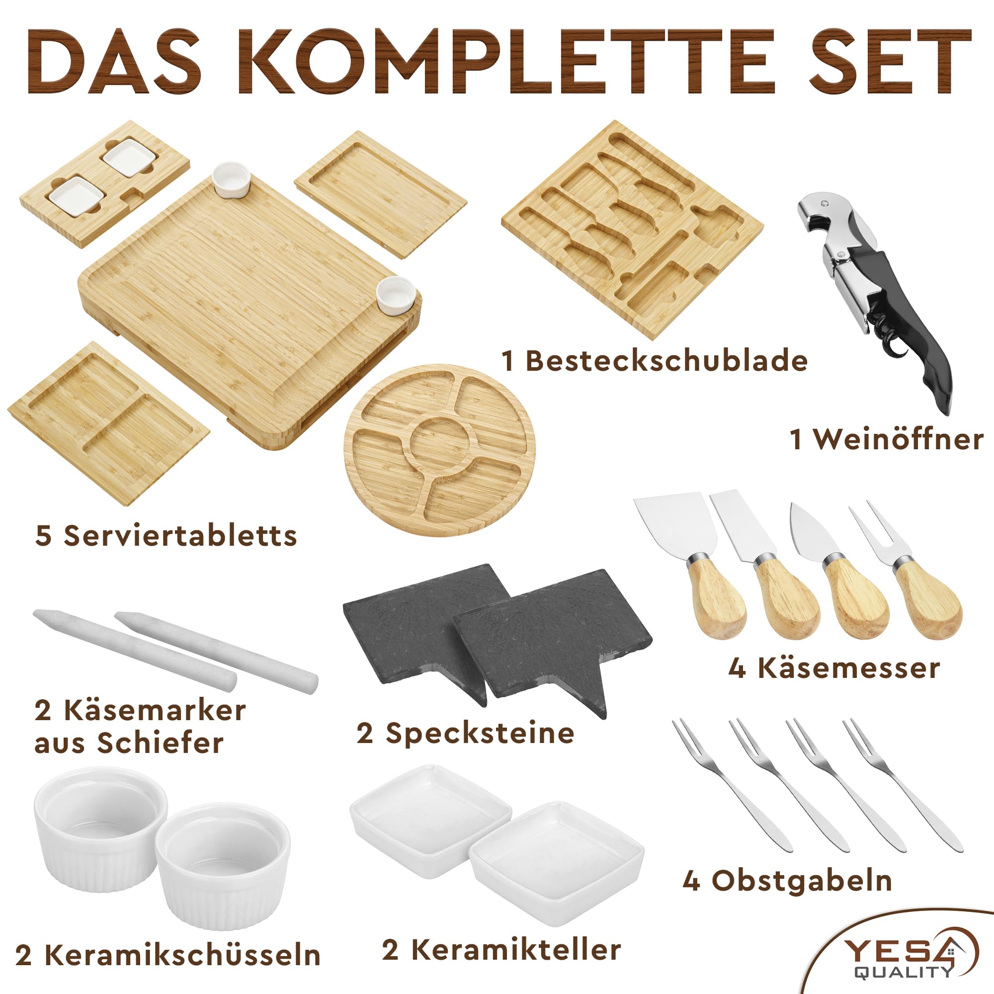 Charcuterie Boards Deluxe Geschenkset – 23-teilig, Bambus – großes Käsebrett plus Obsttablett als Geburtstagsgeschenk