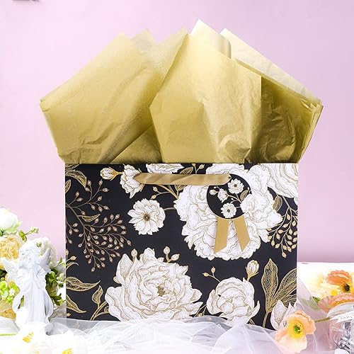 Miniatura 2 de Loveinside Bolsa de regalo negra y dorada floral con papel de seda para el día de la madre, cumpleaños, día de San Valentín, boda, aniversarios,