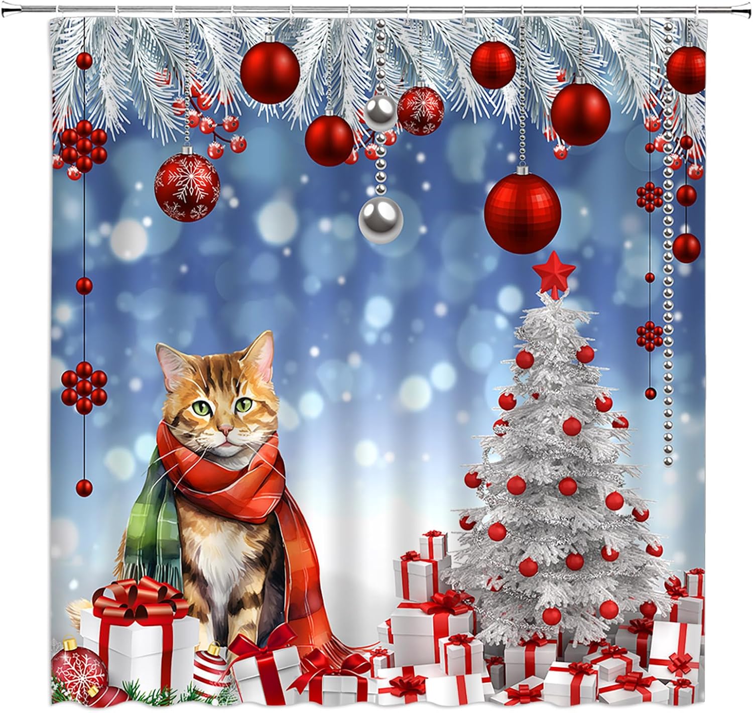 Merry Christmas Shower Curtain Cute Cat Kitty Kitten Colorful Christmas Tree Red Xmas Balls Funny Animal Winter Holiday 70x96(WxH) Inches Bathroom Decor Fabric Curtain with Hooks