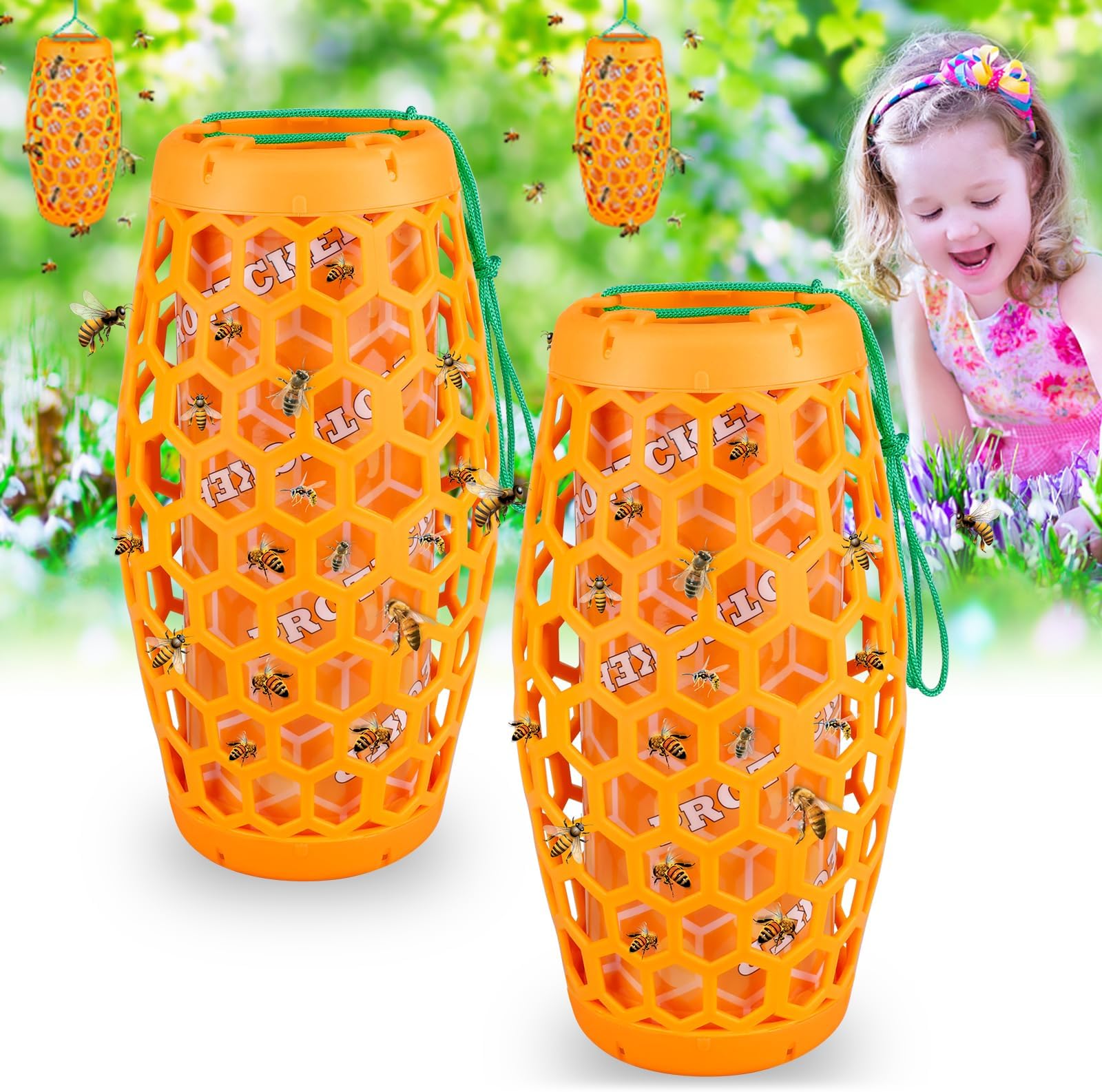 Wasp Trap Outdoor Hanging, Carpenter Bee Traps Wasp Deterrent Killer Insect Catcher for Outside, Non-Toxic Reusable Hornet Yellow Jacket Trap with 4 Sticky Pads for Garden, Yard (Orange, 2 Pack)