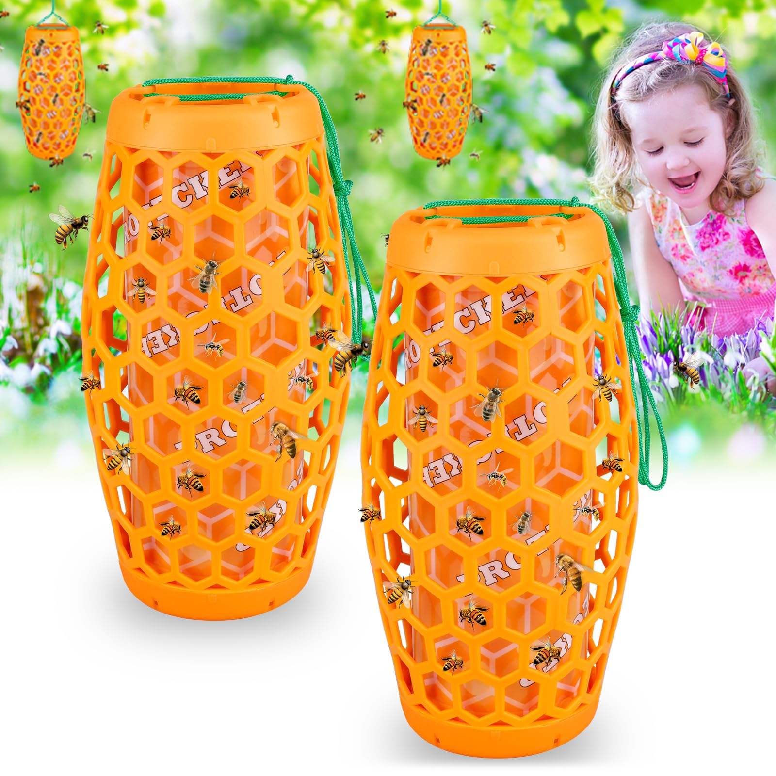 Wasp Trap Outdoor Hanging, Carpenter Bee Traps Wasp Deterrent Killer Insect Catcher for Outside, Non-Toxic Reusable Hornet Yellow Jacket Trap with 4 Sticky Pads for Garden, Yard (Orange, 2 Pack)