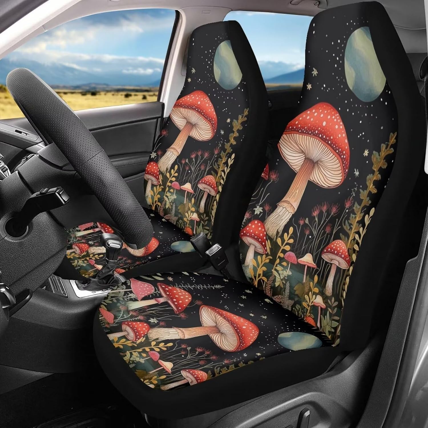 DISNIMO Moon Seat Covers for Cars Mushroom Car Accessories Girly Cute Bucket Seat Covers Front Vehicle Seat Protector Car Mat Covers Interior Univeral Fit Most Car SUV Truck