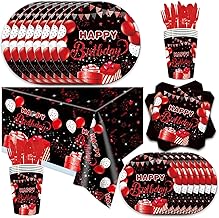 141pcs Red and Black Party Decorations,Disposable Tableware Includes Dinner Plate Dessert Plate Paper Napkin Cup Knife Fork Spoon Tablecloth Red Black Birthday Supplies for 20 Guests
