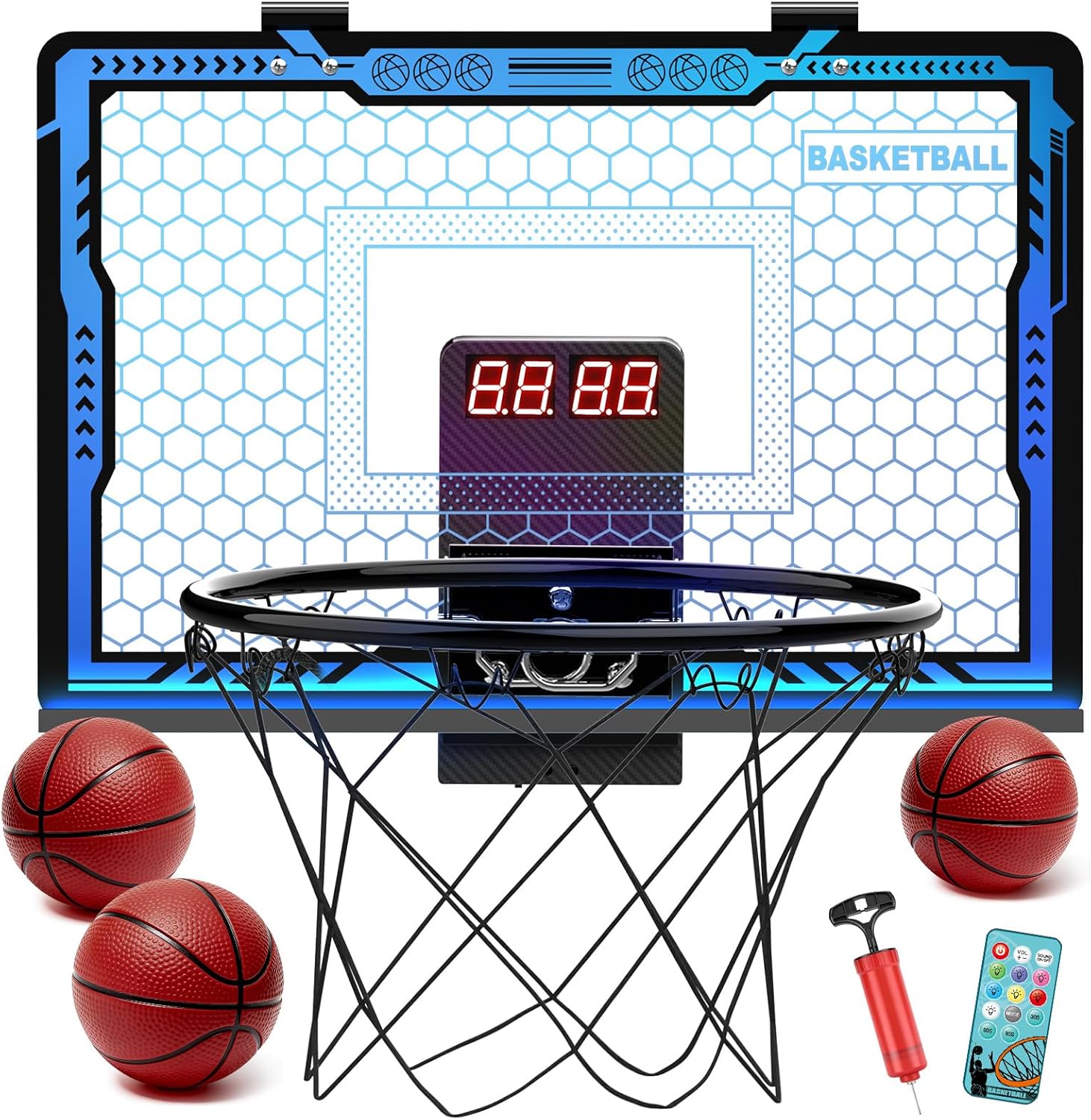 Indoor Basketball Hoop for Kids with Remote Control Mini Basketball Hoop with Scoreboard and Timeboard Over The Door Basketball Hoops with Led Lights Basketball Toys Gifts for 4-12 Year Old Boys Girls