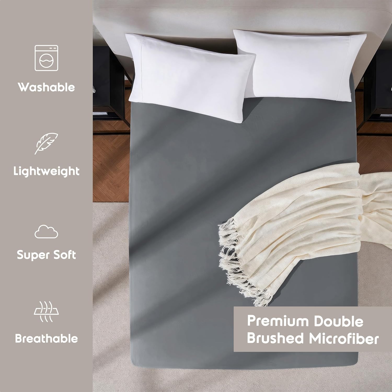 Nestl Grey Extra Deep Pocket Fitted Sheet Queen, Hotel Luxury Queen Fitted Sheet Only Easily Fits 18 to 24 Inch Mattress, Super Soft, Wrinkle-Free, and Breathable Bottom Sheets with Corner Straps