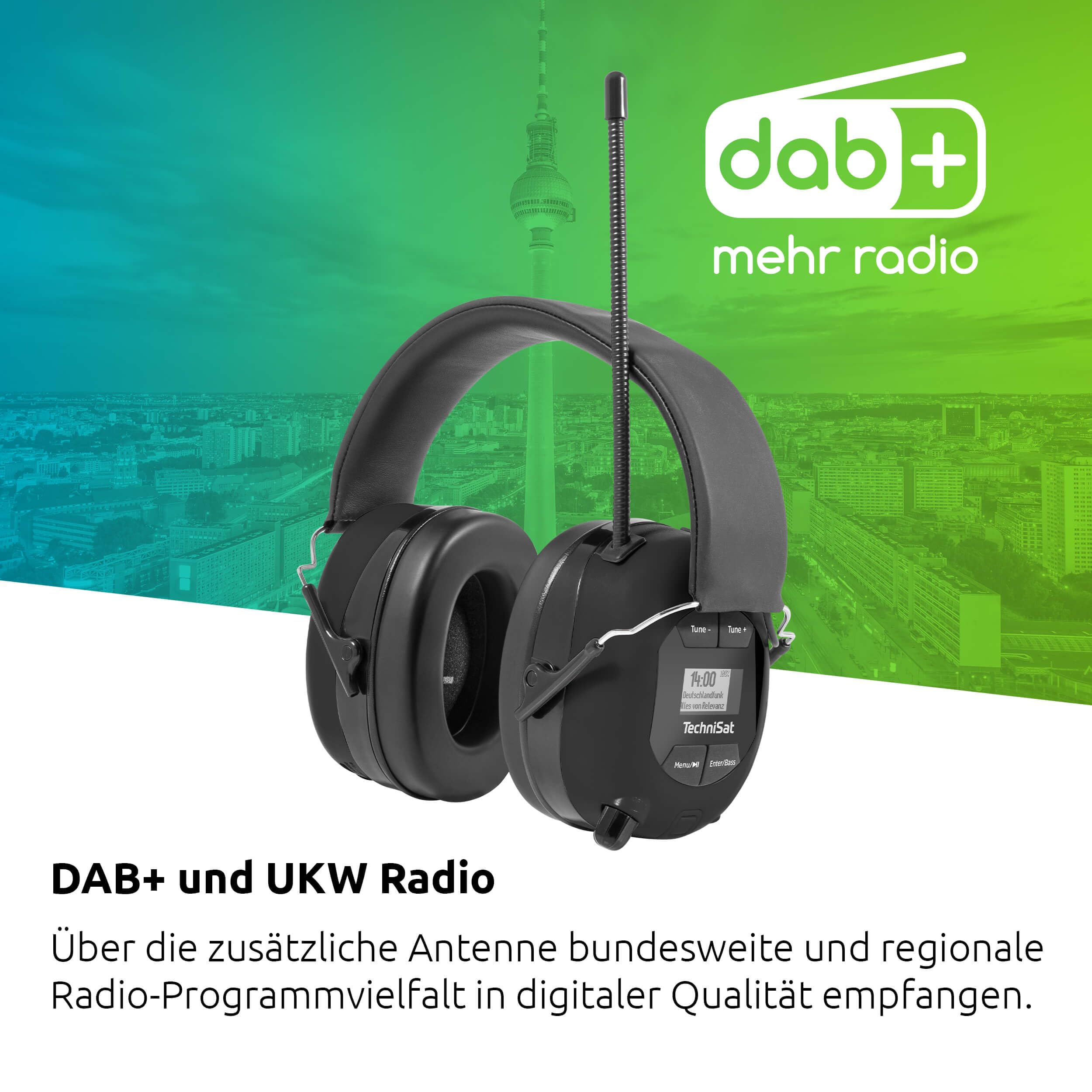 TechniSat STEREOMAN DAB+ OD – kabelloser Stereo DAB+/FM Bluetooth-Kopfhörer (Radioempfang, Kurze Antenne, Integriertes Mikrofon, Kapselgehörschutz, für den Außeneinsatz) schwarz