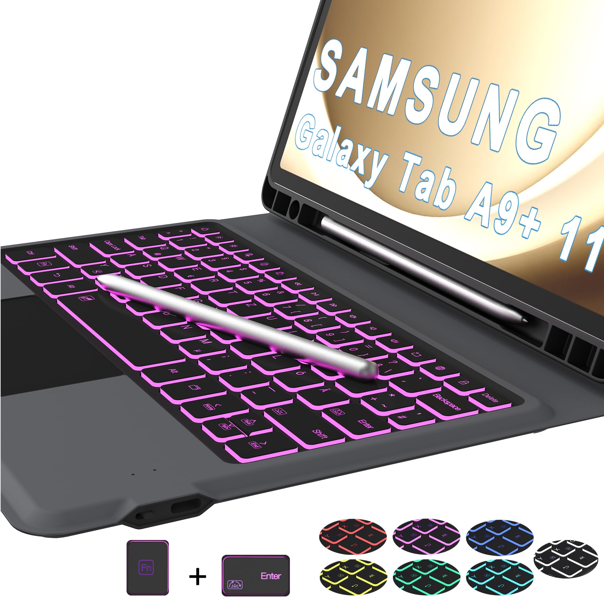 Tastiera QWERTZ per Samsung Galaxy Tab A9+ Plus da 11 pollici, con touchpad | Tastiera retroilluminata RGB a 7 colori, con trackpad, portapenne, rimovibile, magnetica, per studenti, viaggi