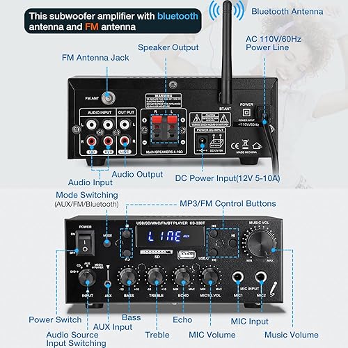 Miniatura 3 de Facmogu KS-33BT Receptor amplificador de audio estéreo de 2.1 canales con salida de subwoofer activa, RMS 60Wx2 Max 400Wx2 Mini BT Amp Home Theater