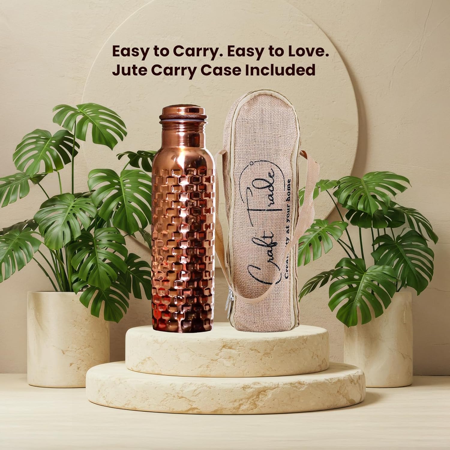 Craft Trade 100% Pure Copper Water Bottle 34 Oz, 1Lt Yoga Bottle, Ayurveda Inspired Copper Vessel for Wellness, Handcrafted in Brick Pattern with Jute Carry Case, Boosts Immunity, Leak-Proof, BPA-Free