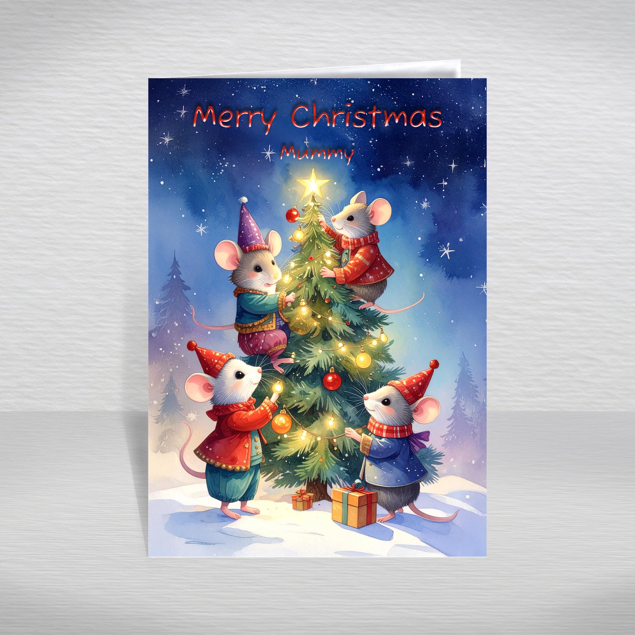 Christmas Card for Mummy – Cute Family of Mice Decorating Christmas Tree, A5 Cute Cartoon Animals Greeting Card with a Special Verse Inside: Mummy Christmas Card — image 1