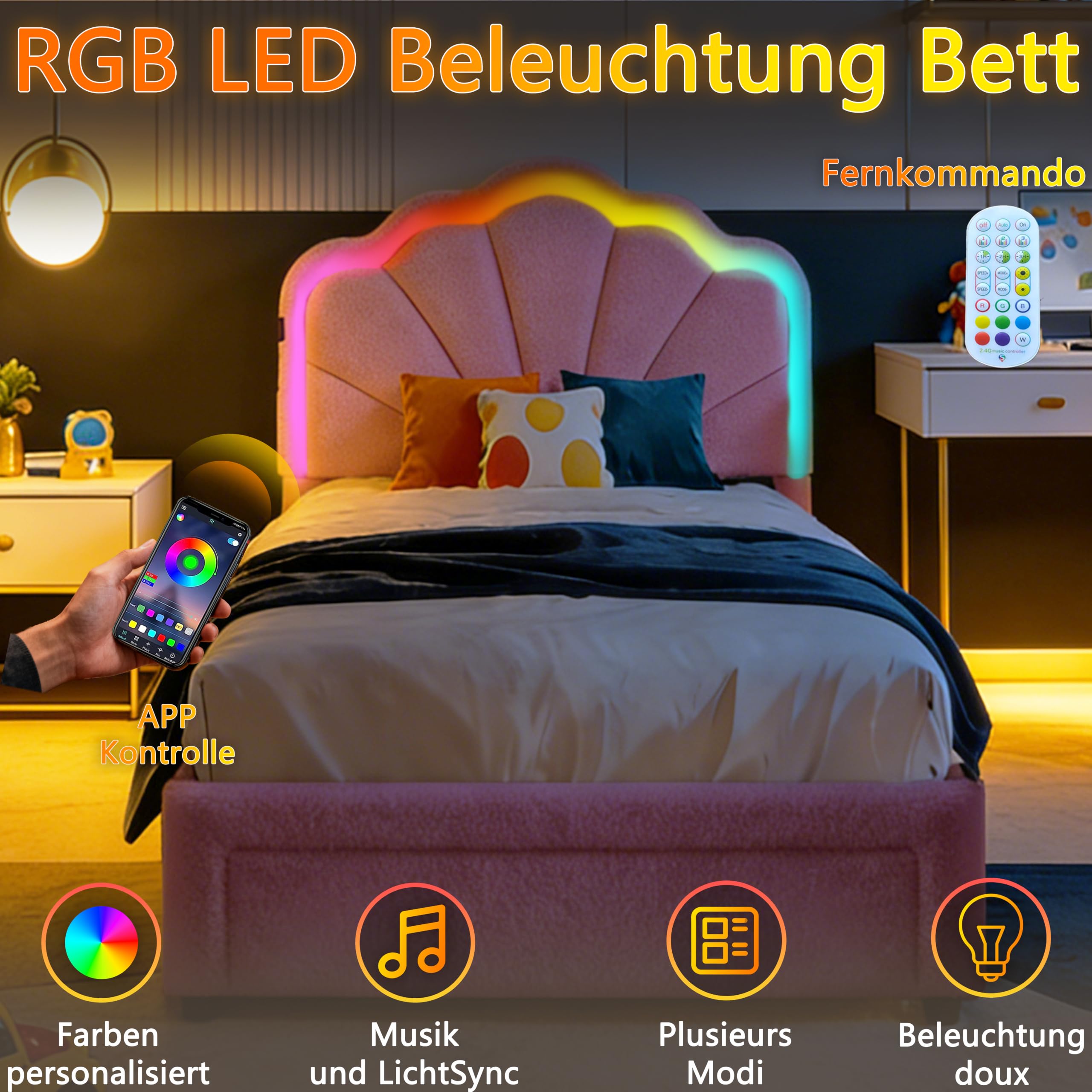 Bettrahmen mit 1 Schublade, 90×200 cm, Teddyvelours, Pink | LED-Beleuchtung, verstellbares Kopfteil, Ladestation, USB & Type-C, gepolstertes Bett, Fußteil-Schublade, Holzlatten