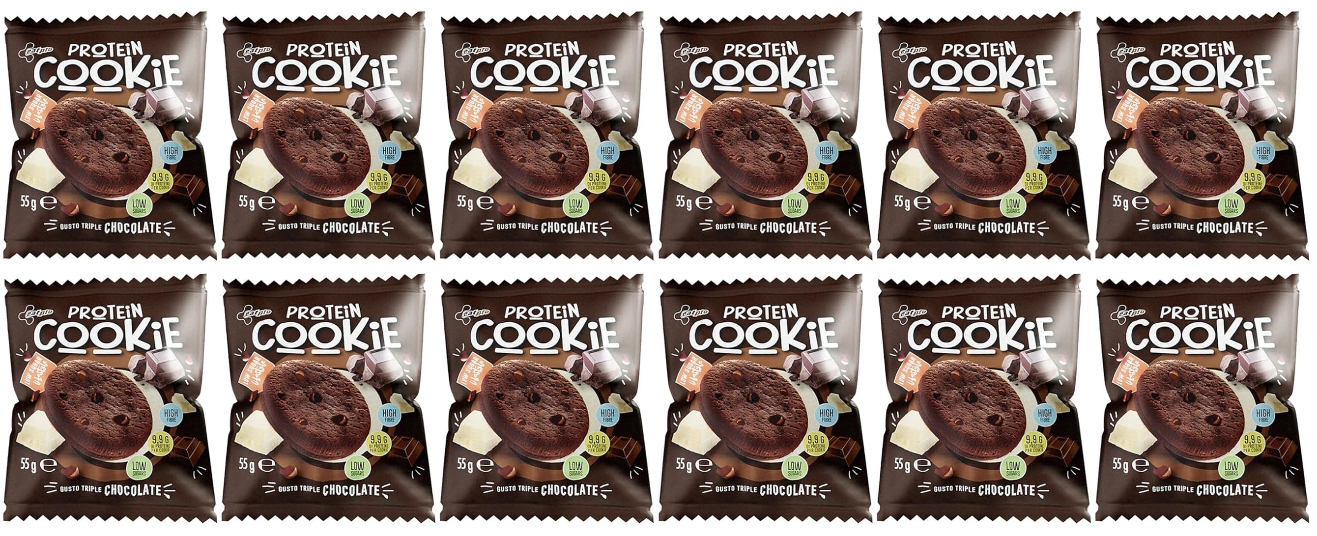 Eat Pro Cookie Snack Proteico, Burro d'Arachidi o Triplo Cioccolato, 55 g, Confezioni da 3, 6 o 12 Pezzi (12 Pezzi, Triplo Cioccolato)
