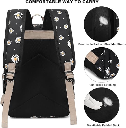 Miniatura 3 de Mochila para laptop para mujeres y niñas, mochila escolar universitaria de 15.6 pulgadas, mochila informal de viaje, negro (Daisy Black), Mochilas