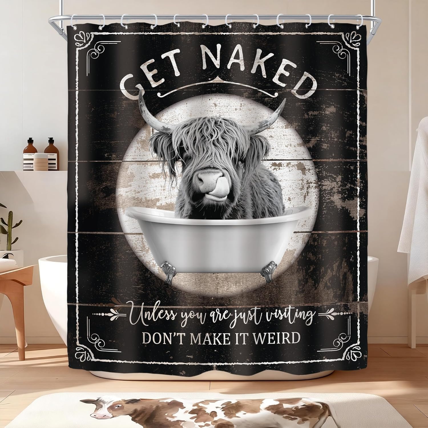 Riyidecor Funny Highland Cow Shower Curtain for Bathroom Decor 60Wx72H Cattle Western Farmhouse Bull Vintage Rustic Wooden Animal Country Art Printed Fabric Polyester Waterproof 12 Pack Plastic Hooks