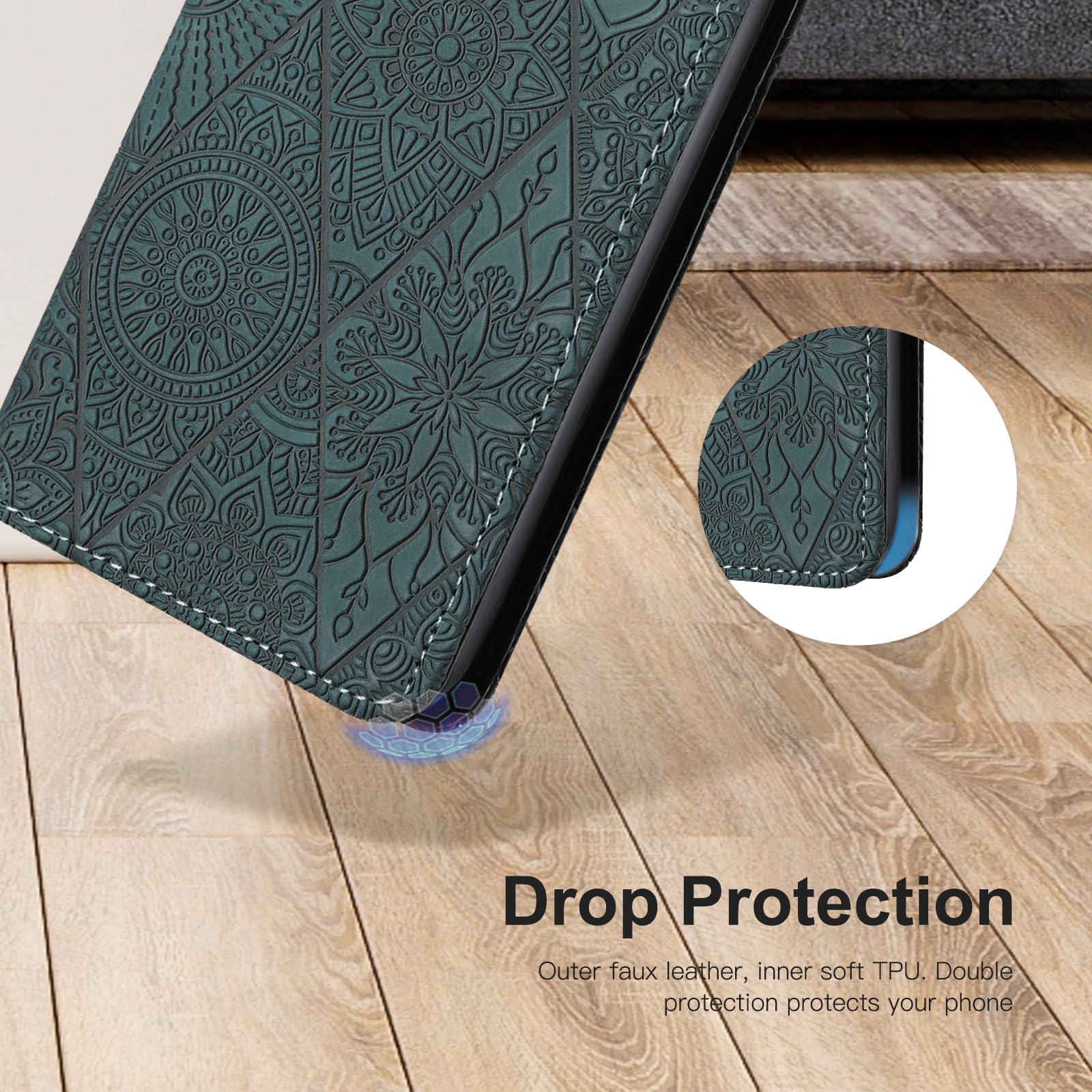 LSPCASA Phone Case For Google Pixel 9 Pro XL 6.73 inch Artificial Leather Google Pixel 9 Pro XL Case With Card Slot Flowers Pattern Kickstand Cover Green - Image 3