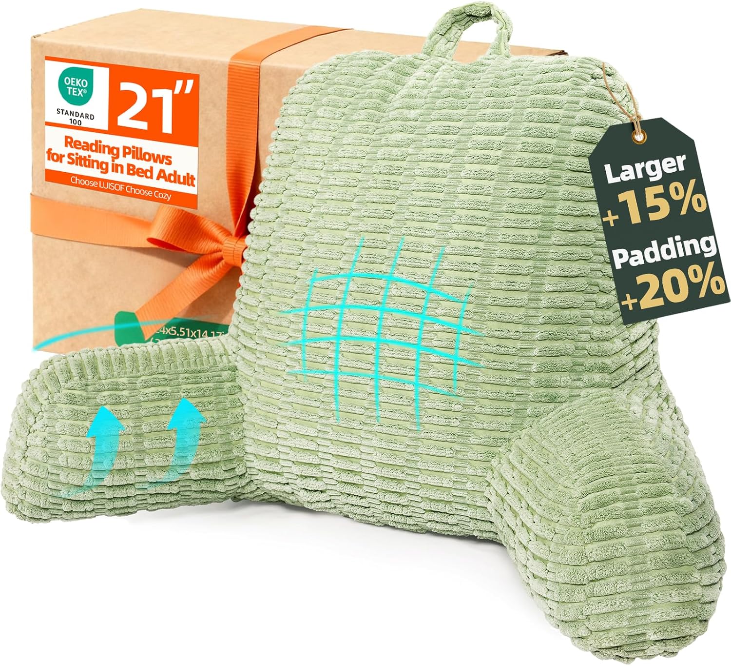 21″ Higher Large Reading Pillow for Bed Adult, Back Pillow for Bed Sitting Up with Memory Foam Back Support with Arms Rest for Couch Chair Green