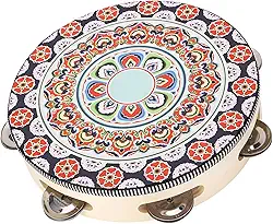 Pandeiro de Madeira Portátil Com Sinos de Metal de 8 Polegadas, Conjunto de Instrumentos Educacionais de Sons de Tambor para Adultos e Crianças (Flor Vermelha)