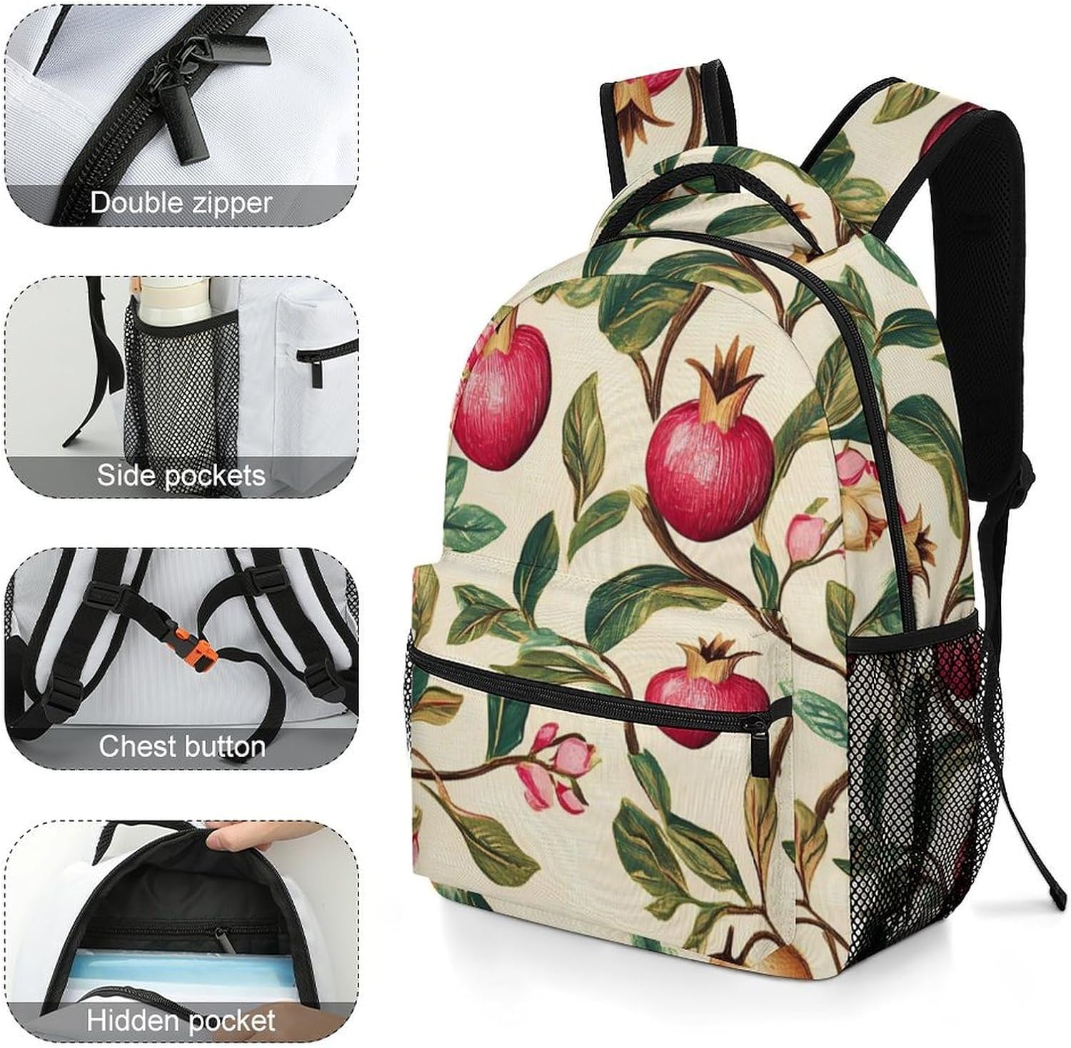 Pomegra Flowers Leaves Unisex Backpack Casual Daypacks Lightweight Shoulders Bag for Camping Hiking Travel