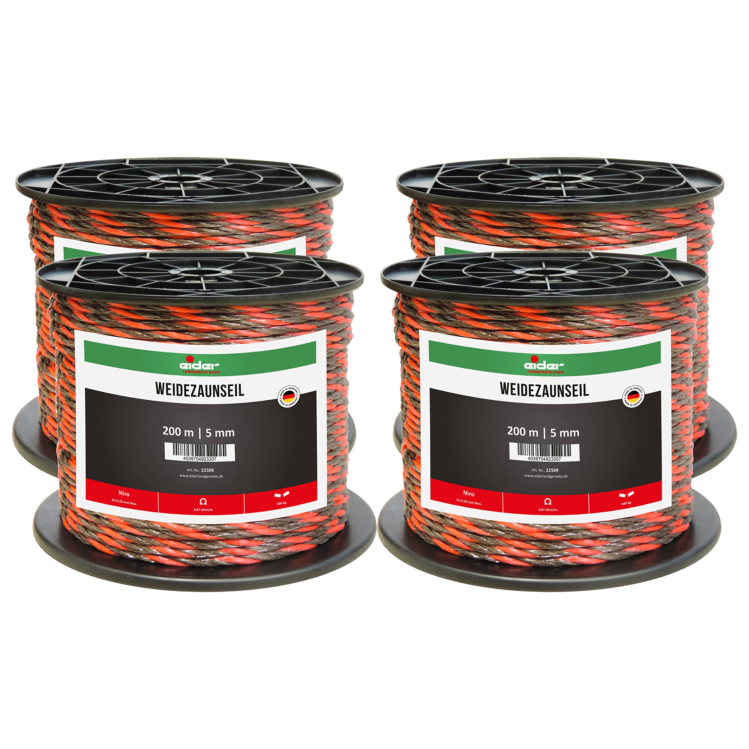 Corda per recinzione, diametro 5 mm, colore marrone/rosso, rotolo da 200 m, colore ben visibile, ideale per cavalli, pony e bovini, Made in Germany (4 rotoli)