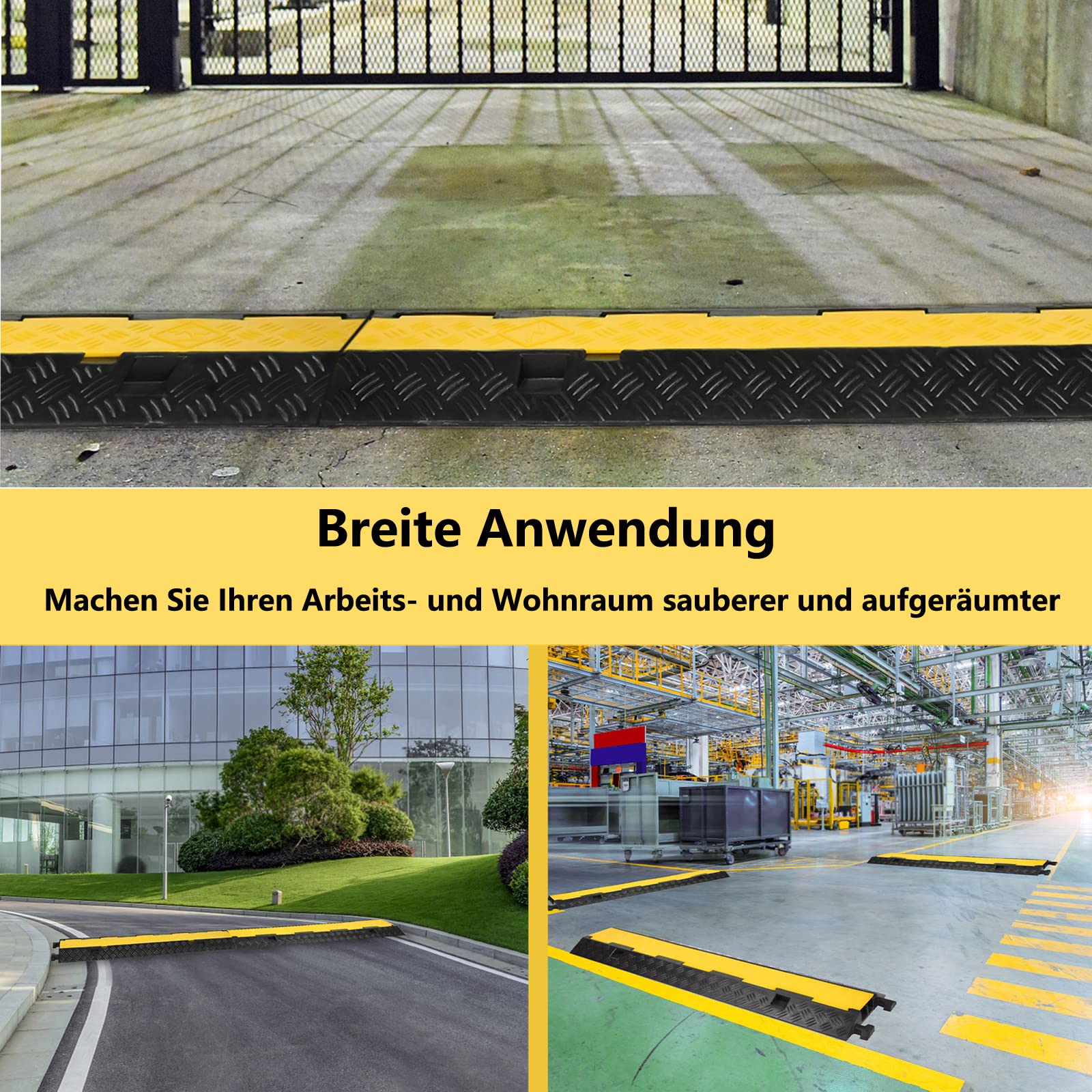 XMTECH 2X Gummi Kabelschutz Rampe, 2-Kanal Kabelbrücke überfahrbar bis 10 Tonnen Traglast, 100 x 24 x 5 cm, robuste Kabelbrücke aus Gummi, schwarz-gelb für Parkplätze, Baustellen, Lagerhallen
