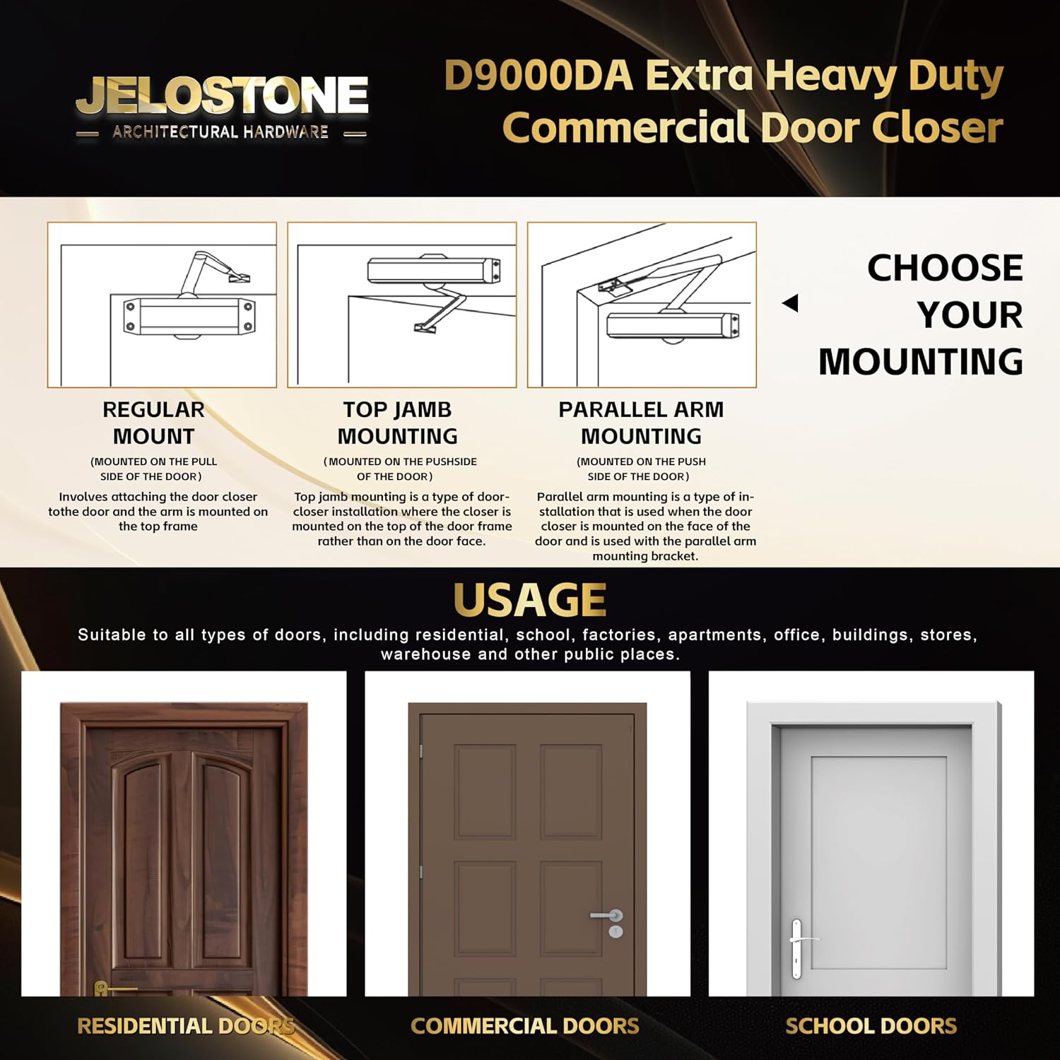 Extra Heavy Duty Commercial Door Closer D9000DA Automatic Door Closer, Surface-Mounted Auto Door Closer, Size 1-6 Commercial Door Closer Heavy Duty for Heavy Traffic Areas, Matte Black