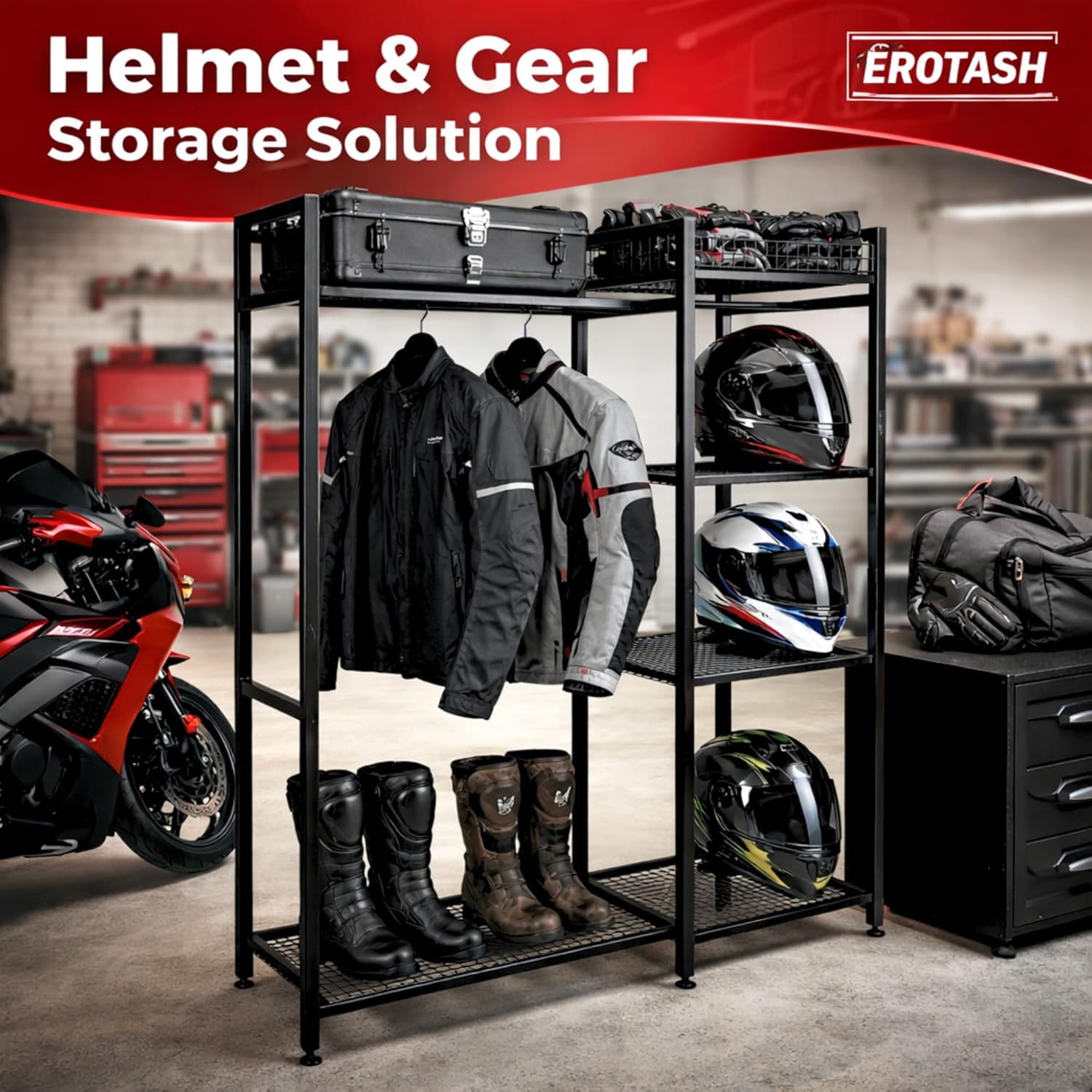 Motorcycle Helmet Stand - Large Helmet Holder, Gear Storage Rack, Display Shelf for Accessories, Jacket, Gloves and Boots