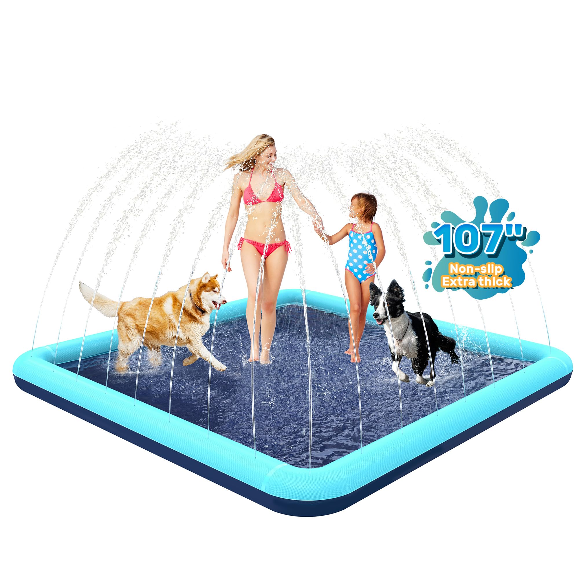 76" x 76" Square Splash Pad for Kids &amp; Dogs, Non-Slip Sprinkler Pool, Shallow Water Play Mat for Toddlers, Outdoor Backyard Water Toys, Teal
