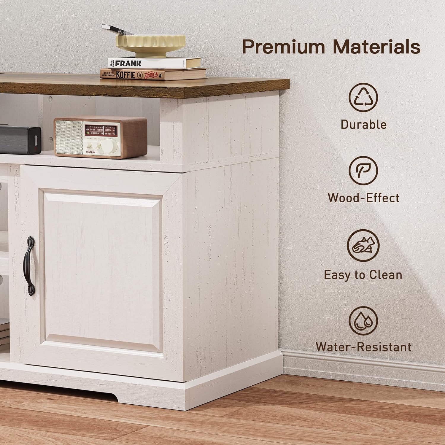 Close-up image highlighting the premium materials of the TV stand, emphasizing its durability, wood-effect finish, ease of cleaning, and water-resistant properties.