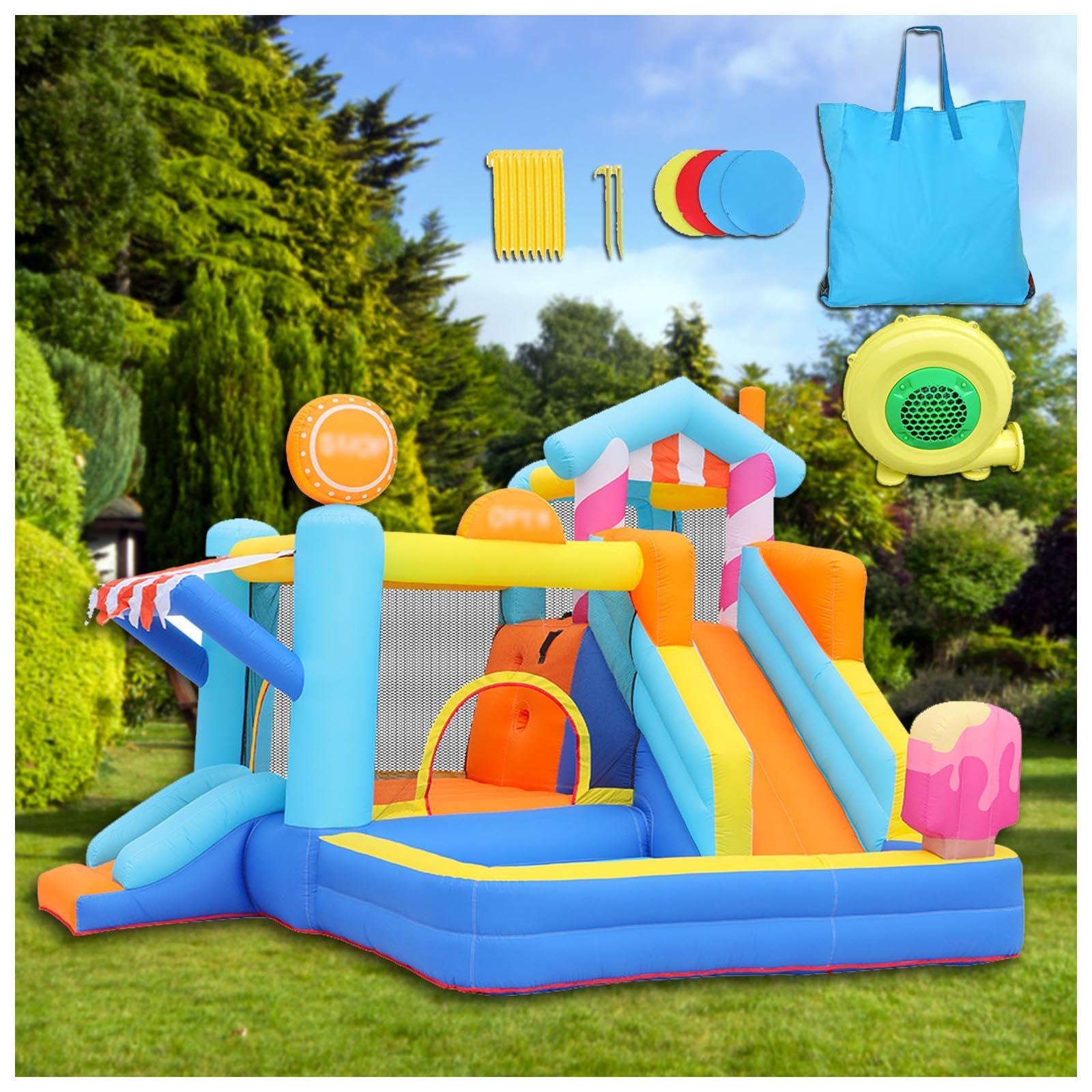 HBDSMLPL Piscina Hinchable con Tobogan con Soplador y Bolsa de Transporte, 4 en 1, Centro De Juegos Hinchable Agua para Niños 3 a 10 años, 340 X 320 X 240 cm