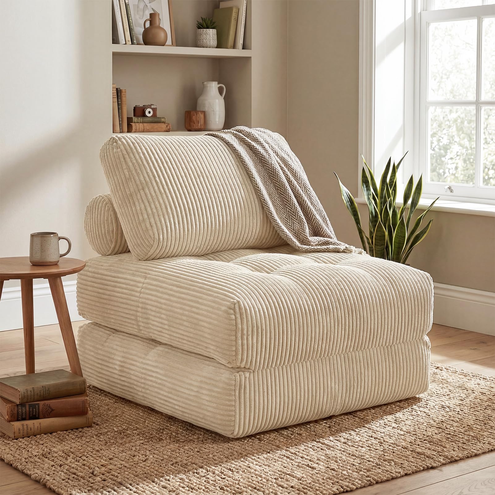 Faltbares Schlafsofa aus Hochflor mit Kopf-Lendenkissen, 192x96cm (Beige)