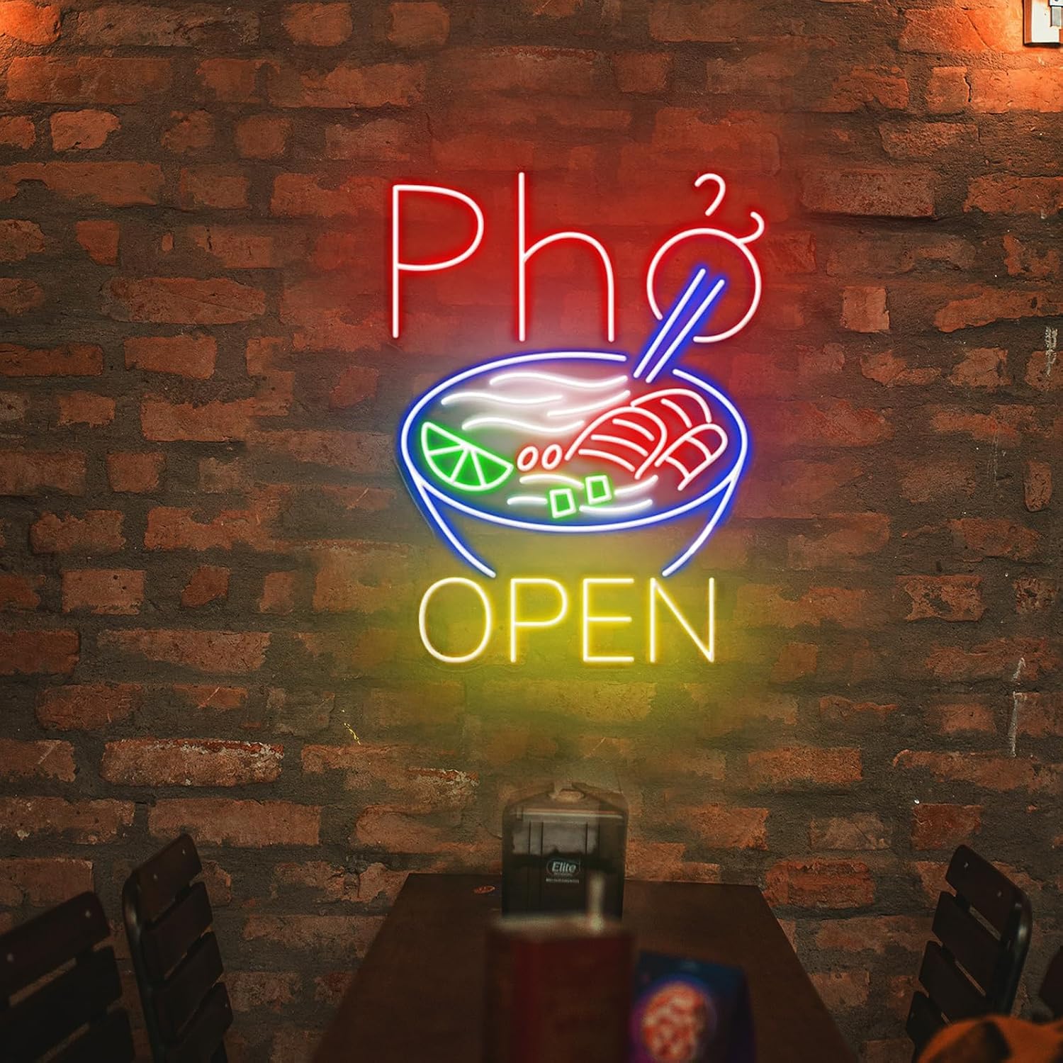 Pho Open Neon Sign LED Vietnamese Pho Noodle Food Neon Lights Signs Wall Decor for Home, Vietnam Restaurant, Party, Bar 20 inches