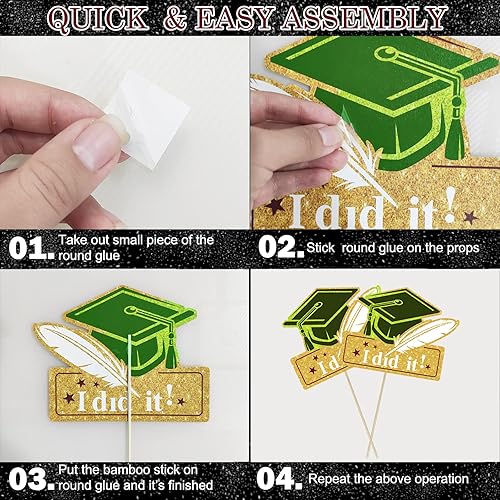 Miniatura 3 de Decoraciones de fiesta de graduación, centros de mesa de graduación verde dorado 2023, 24 unidades, palos de graduación verde, dorado y negro,