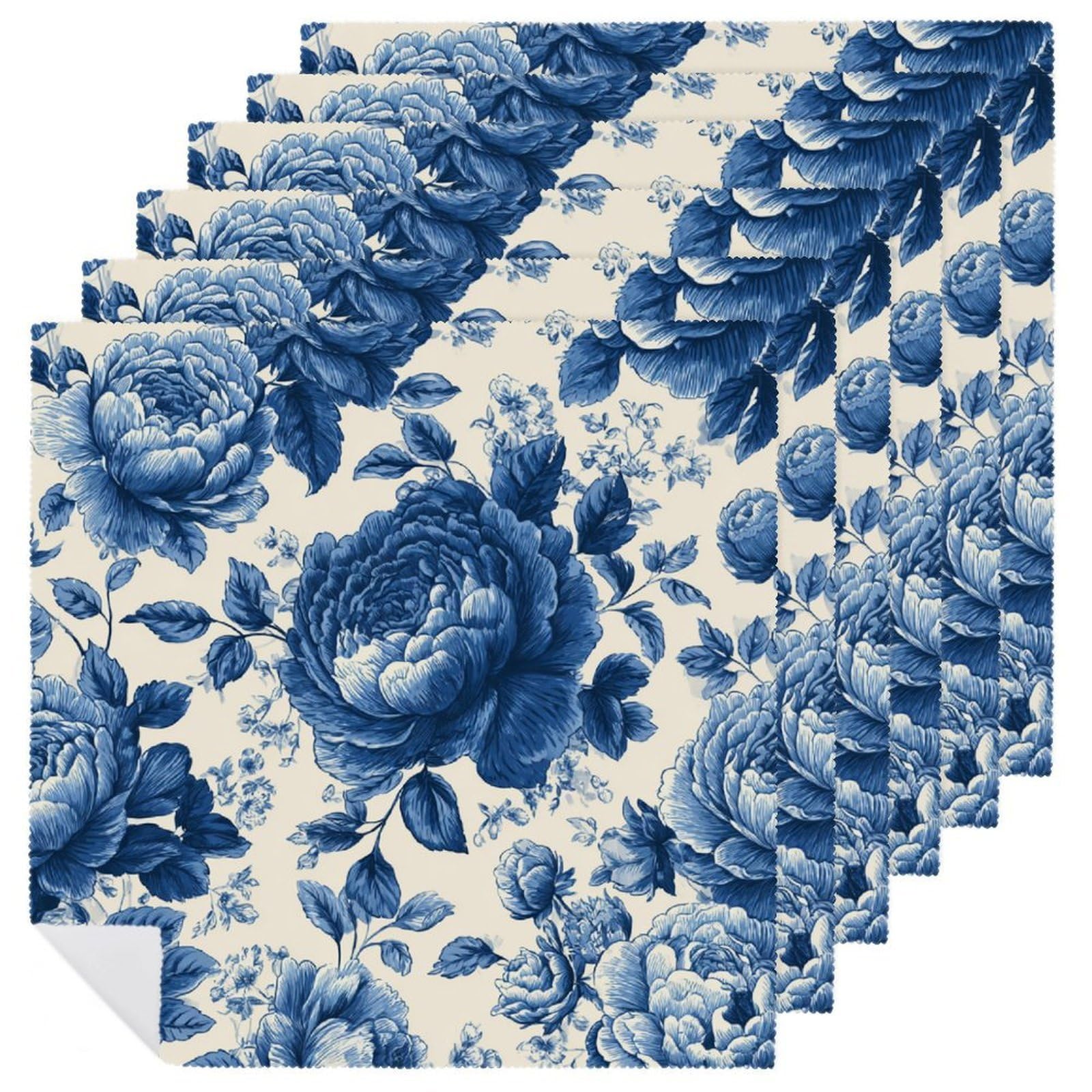 Floral Pattern Large Clustered Peony Rose Cloth Napkins Set of 6, Square Premium Reusable Washable Polyester Table Linen Napkin for Dinner Party