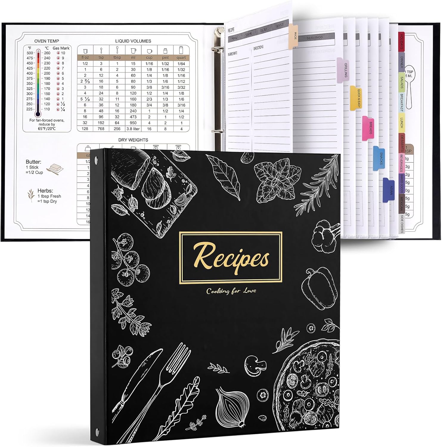 Dahey Waterproof Recipe Binder with 50 Plastic Sleeves, 30 Sheets, Dividers & Stickers - Family Cookbook Organizer