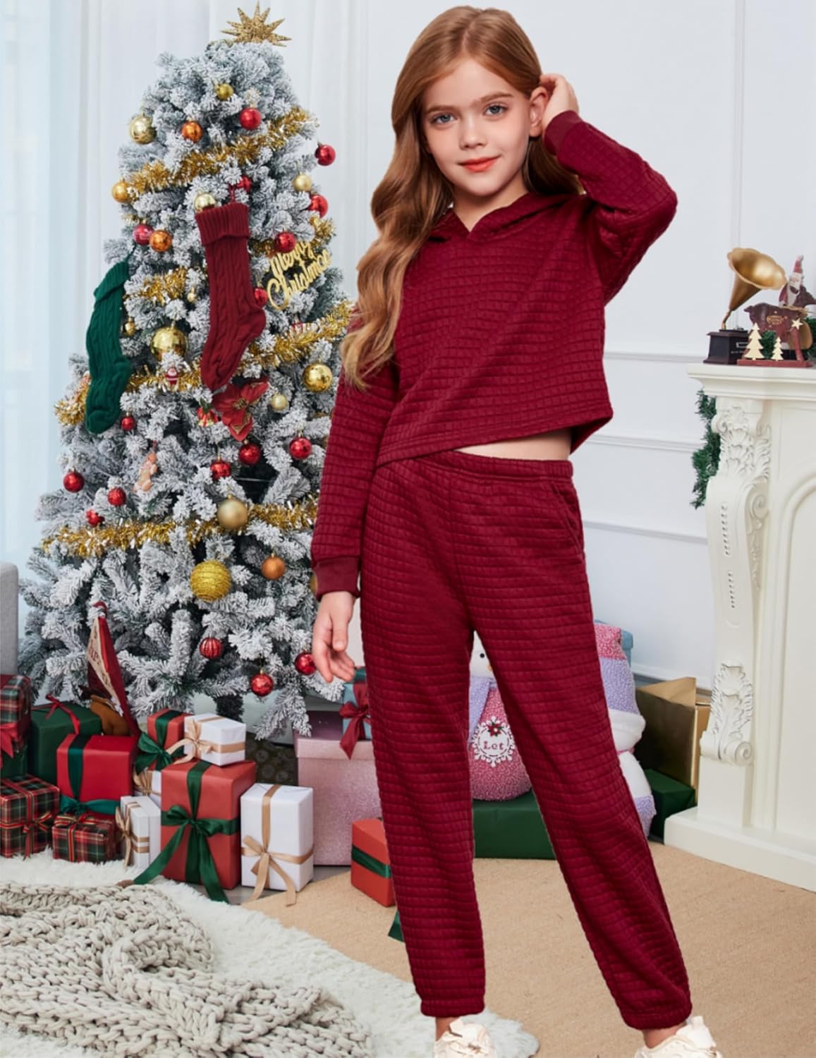 Arshiner Girls 2 Piece Outfit Waffle Knit Pullover Hooded Sweatshirt and Sweatpants Clothing Sets Long Sleeve Tracksuits 7-8 Years Wine Red image 4 of 7 B0BJQ9C884