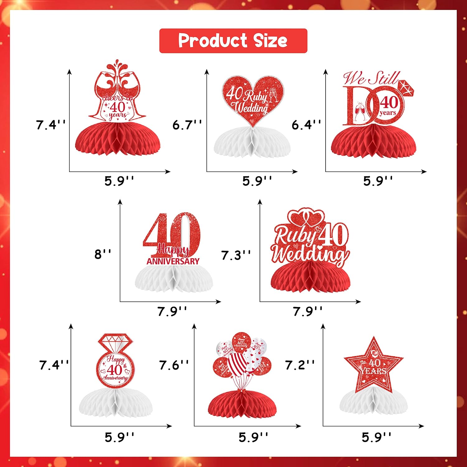 8Pcs Ruby 40th Wedding Anniversary Honeycomb Centerpieces, Cheers to 40 Years Table Toppers, Happy Wedding Anniversary Decorations Romantic for Adult