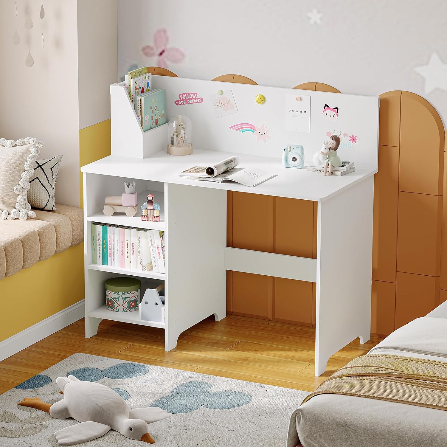 MAHANCRIS Kids Study Desk with Hutch, Whiteboard & Book Storage - Wooden Table for Boys Girls 3-8 Years, White KDWT11801