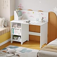 MAHANCRIS Kids Study Desk with Hutch, Whiteboard & Book Storage - Wooden Table for Boys Girls 3-8 Years, White KDWT11801
