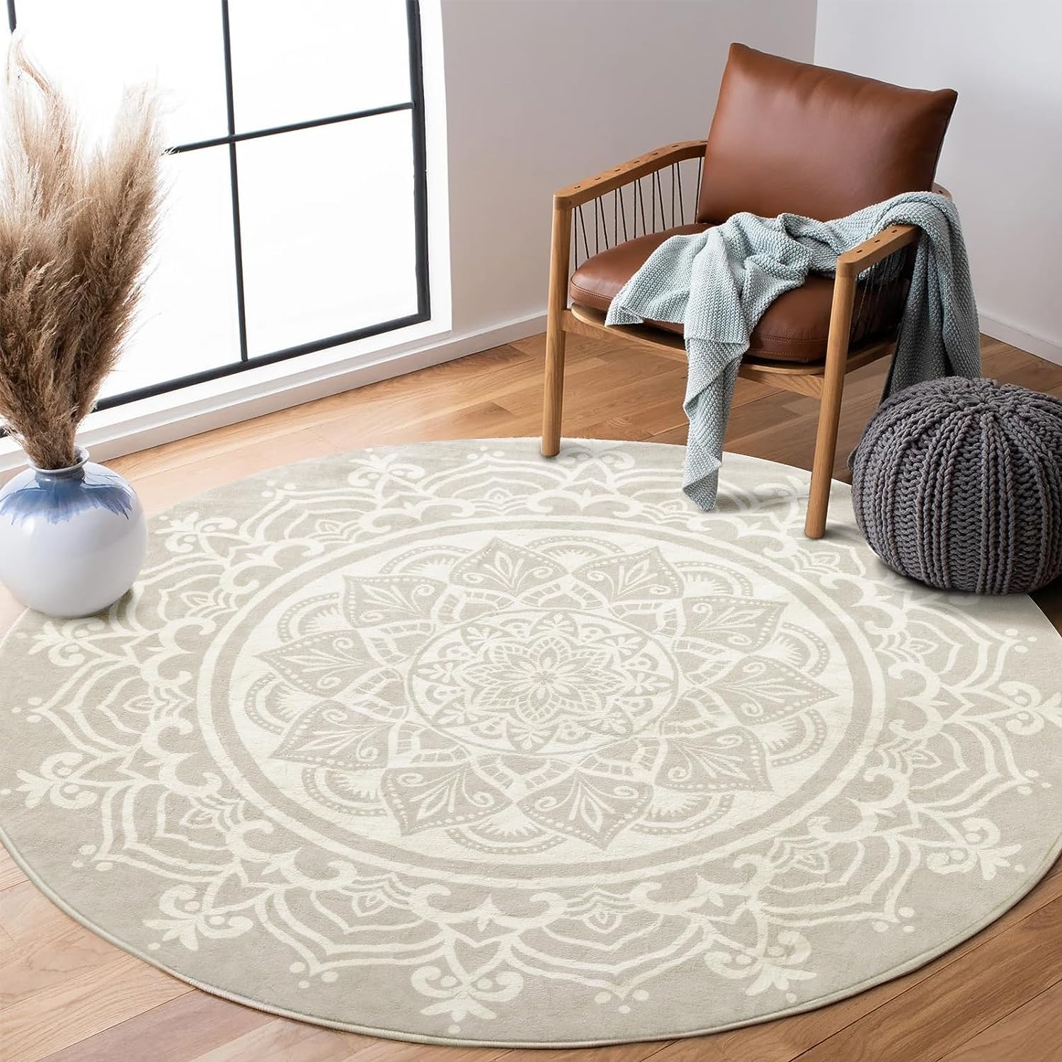 Carvapet Alfombras Redondas 120cm Microfibra Suave Alfombra Círculo Salón Dormitorio Antideslizante Lavable Mandala Bohemio Alfombras de área(Gris)
