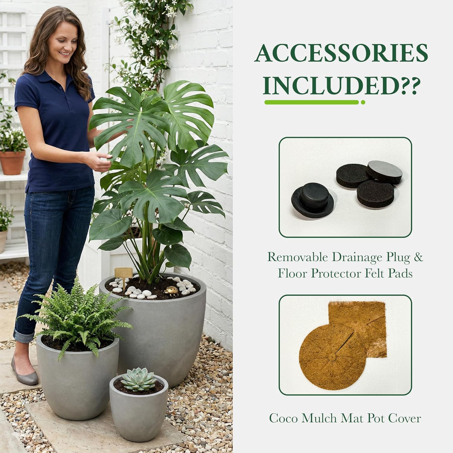 DTY Mount Yale 11.8" D x 11" H (Pot Opening 8.3") Fiberstone Planter with Drainage Hole, Weather Resistant for Indoor and Outdoor, 2 Extra Coco Mats - Gray, Small