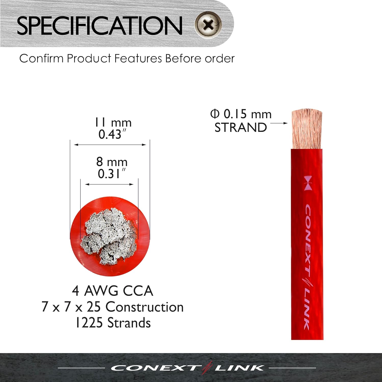 Conext Link 15 FT 4 AWG GA Full Gauge Battery Power Cable Ground Wire Frost Red OFC Copper （10101）